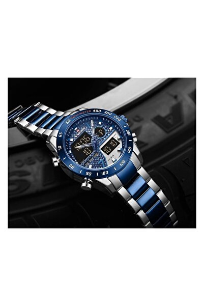 Generic Naviforce Dual Color Analog Digital Stainless Steel Strap Watch For Men 9171 Silver Blue