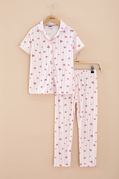 Cansın Mini Pink Striped Heart Patterned Girl's Short Sleeve Pajama Set with Eye Patch 20567