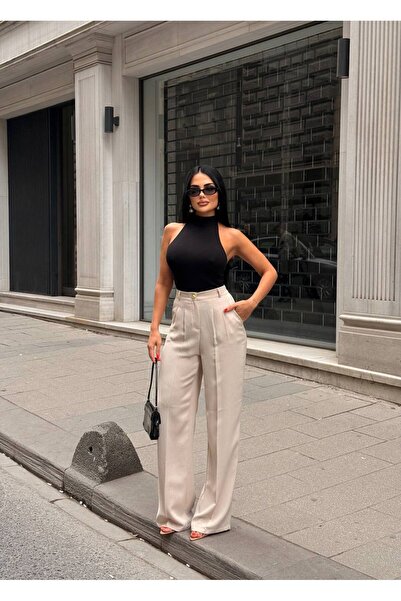 LB Laluna Butik Kadın Yüksek Bel Arka Lastikli Dökümlü Palazzo Pantolon