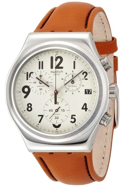 Generic Swatch Leblon Beige Dial Ss Tan Leather Quartz Chronograph Ladies Watch Yvs408