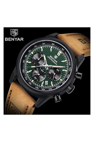 Generic By Benyar Mens Watch Waterproof Chronograph Date Watch For Men Brown Leather Strap Quartz Movement