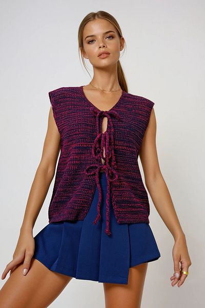 VAGGON Women's Red Bow Detailed Knitted Vest Prm1152