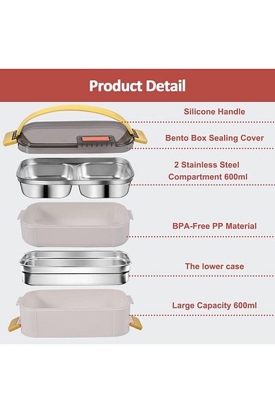 COOYA Bento Lunch Box,2 Layers Leakproof,Reusable Stainless Steel,with Spoon,1200 ml,White