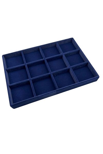 MeGass Dekor Domestic Production Suede Fabric Navy Blue Color 34 cm / 24 cm Twelve Compartment Drawer Jewelry Stand