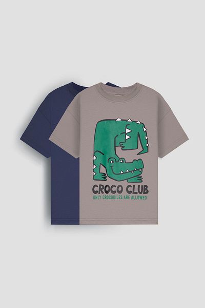 Perendi Tricou supradimensionat din 2 piese pentru copii Erkeklier, țesătură de bumbac, imprimat croco, gri și indigo