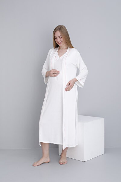 Miss Dünya Lissa Pregnant and Maternity V-Neck Zero Sleeve Nightgown Set with Dressing Gown
