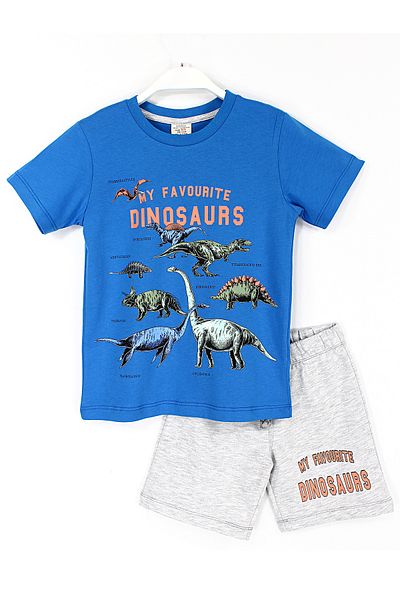DobaKids Dinosaur Patterned Boy's Shorts Tshirt Set Blue Gray