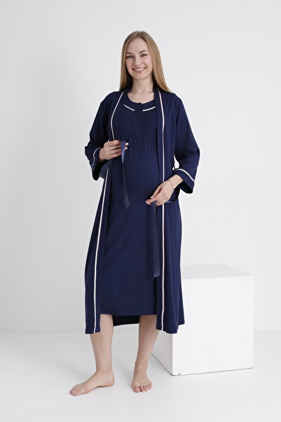 Miss Dünya Lissa Pregnant and Postpartum Zero Sleeve Nightgown Set with Strip...