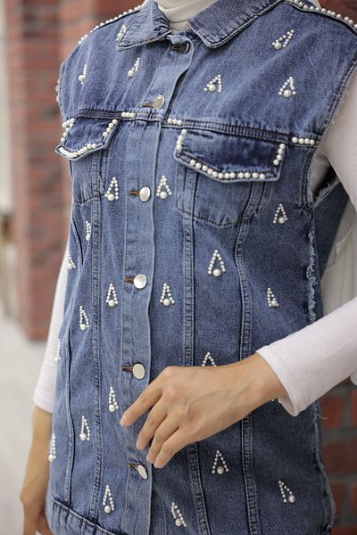 giyze Pearl Detailed Denim Vest Navy Blue 2003