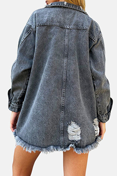 VAGGON Women's Anthracite Double Pocket Tumbled Oversize Jean Jacket Prmx12672