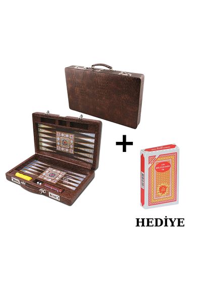 ELDİPA Elite Backgammon Set - with Leather Case, Lock, Brunette Stone, 3 Dices and Gift Playing Cards