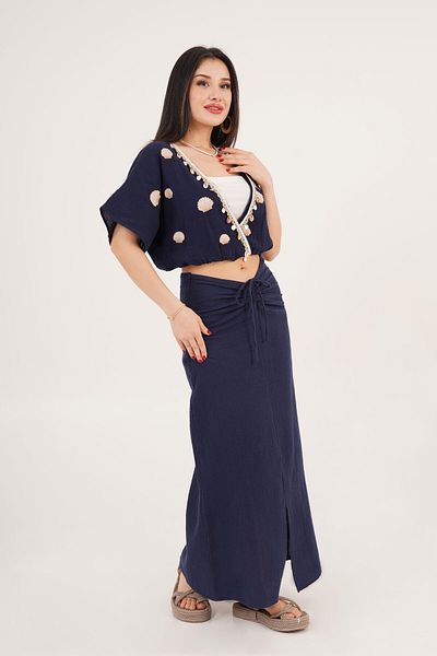 Hipo Trend Seashell Embroidered Blouse and Gather Detail Slit Skirt Navy Blue Double Set
