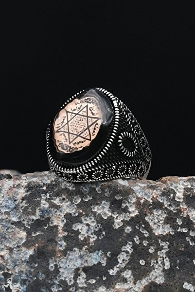 Prestige Erkek Yüzüğü Sıkma Kehribar Taşlı Hz. Süleyman Mührü 925 Ayar Gümüş ...