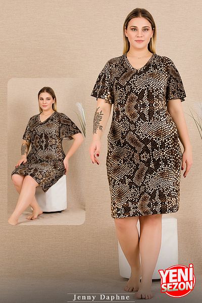 Jenny Daphne Battal Large Size Snake Patterned V-Neck Mother Tunic Nightgown 8917