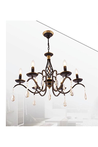 Sedef 6 Kollu E14 Duy Siyah / Gold Eskitme Kristal Taş Ile Dekore Edilmiş Sarkıt Kollu Avize