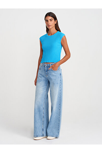 Dilvin 10738 Bluză subțire din tricot cu nervuri cu gâtul turn - Albastru închis