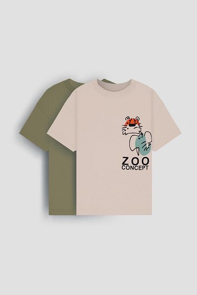 Perendi Μπλουζάκι από 100% βαμβάκι διπλό Zoo printed - Διπλό μπλουζάκι για αγόρια Oversize Stone/Haki
