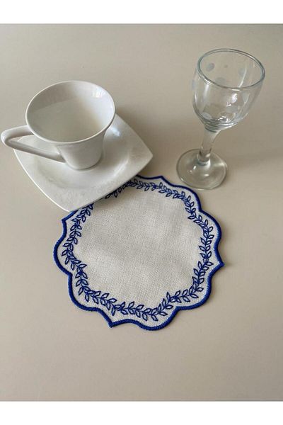 İNCİ ÇEYİZ 6 bucăți de țesătură de in, cu model de ac și spate, brodate pentru cafea, șervețel și coaster.