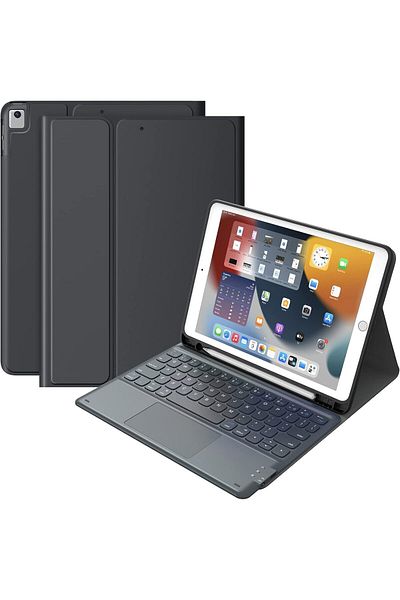 AWH حافظة لوحة مفاتيح لجهاز iPad مقاس 10.2 بوصة للجيل التاسع/الثامن/السابع مع لوحة تتبع وحامل قلم وحامل - أسود