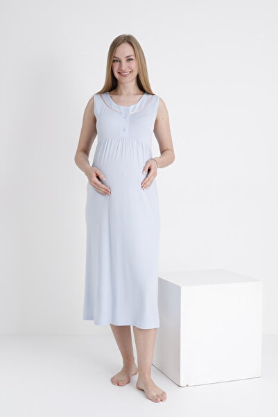 Miss Dünya Lissa Sabahlıklı Emzirmeye Uygun Şerit Detaylı Hamile ve Lohusa Sıfır Kol Gecelik Takımı