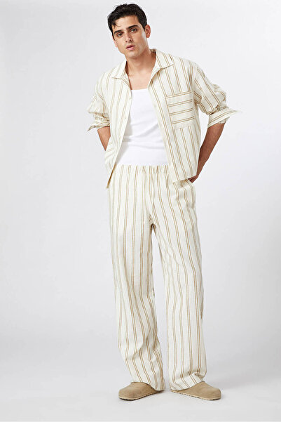 Beyyoglu Çizgili Keten Oversize Gömlek