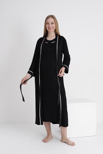 Miss Dünya Lissa Pregnant and Postpartum Zero Sleeve Nightgown Set with Stripe Detail, Suitable for Breastfeeding with Dressing Gown