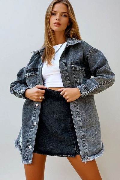 VAGGON Women's Anthracite Double Pocket Tumbled Oversize Jean Jacket Prmx12672