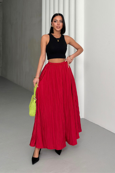 Bipantolon Women's Red Crush Effect Long Flared Skirt