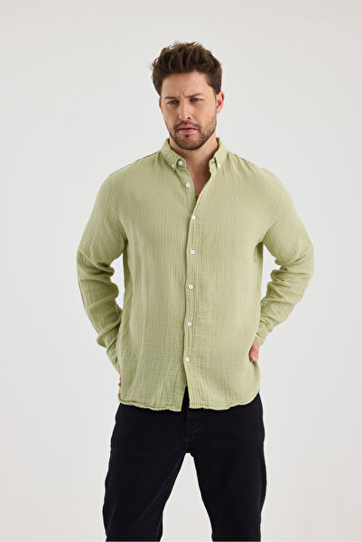 macharel jeans Ανδρικό ύφασμα μουσελίνας 100% βαμβακερό μακρυμάνικο πουκάμισο με άνετη εφαρμογή