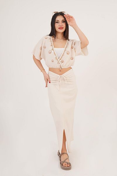 Hipo Trend Seashell Embroidered Blouse and Gather Detail Slit Skirt Beige Double Set