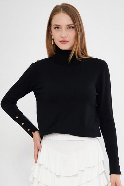 Irmak Kerekli Pulover negru pentru damă, cu mâneci snap, cu gât țesut 1050