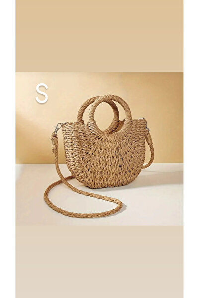 samilon Hasır Dokuma Büzgülü Kapatma Detaylı Astarlı Vintage Küçük Boy