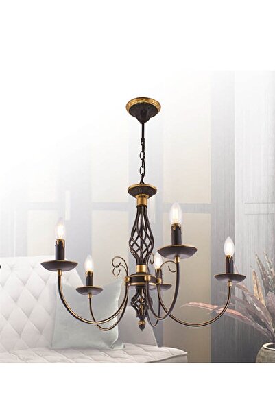 Sedef 5 Kollu E14 Duy Siyah / Gold Eskitme Sarkıt Kollu Avize