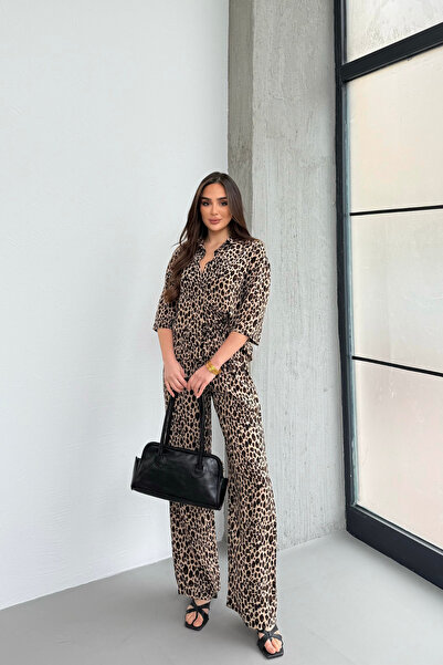 mezqa Λεοπάρ Εκρού Πλεκτό Πουκάμισο από Βισκόζη με Ελαστική Μέση και Παντελόν...