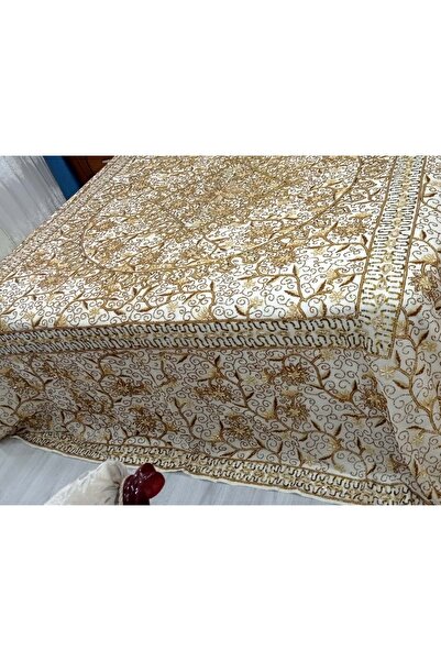 Mandaş Pullu Boncuklu Ağır İşlemeli Otantik Çift Kişilik Yatak Örtüsü (240x270)-Gold