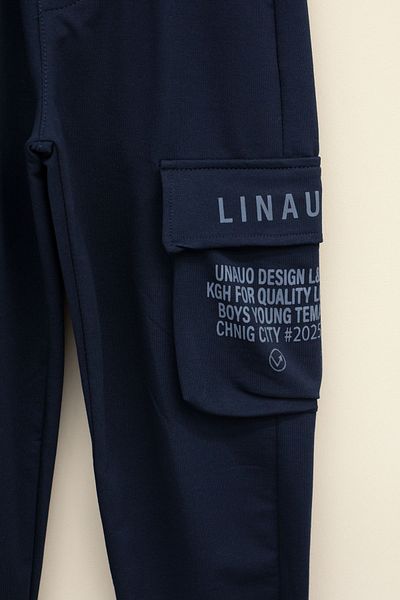 Cansın Mini Navy Blue Text Printed Boys' Elastic Waist Sweatpants with Pockets