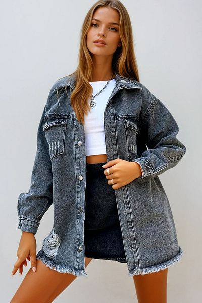 VAGGON Women's Anthracite Double Pocket Tumbled Oversize Jean Jacket Prmx12672