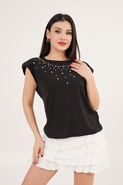 Hipo Trend Μαύρο μπλουζάκι με λεπτομέρεια από πέτρα