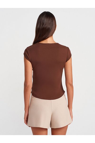 Dilvin 31779 Crew Neck Basic T-Shirt-Light Brown