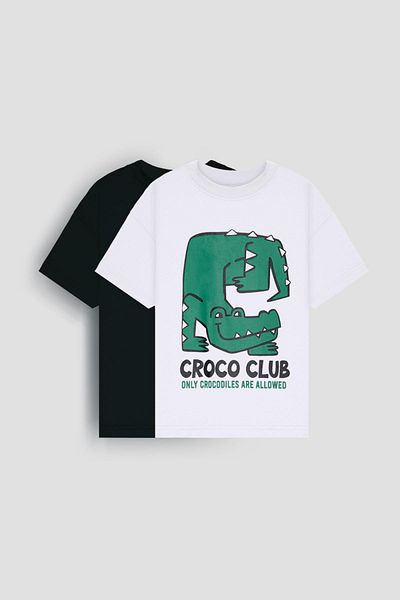 Perendi Μπλουζάκι για αγόρια 2 τεμαχίων Oversize - Croco Print Ecru & Μαύρο Συνδυασμός