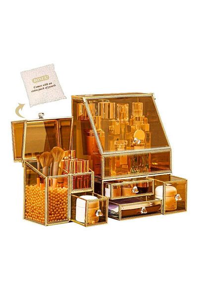 COOYA 3-piece cosmetic glass storage box,high hardness,dust-proof design,with flip cover and drawer,amber