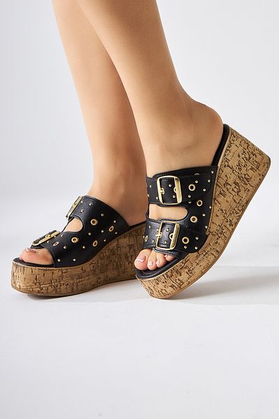 Limoya Genja Black Trock Wedge Heeled Women's Slippers