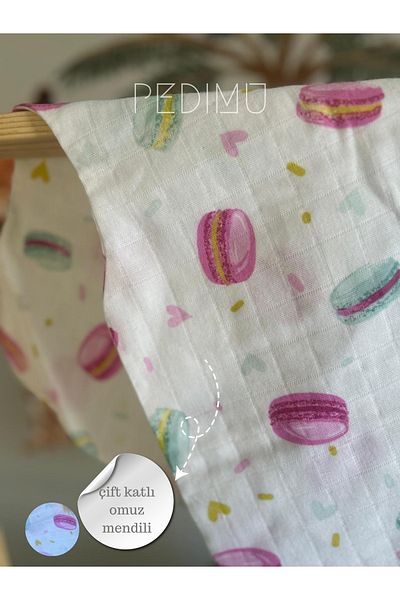 Pedimu Macaron Patterned Double Layer Muslin Shoulder Handkerchief 65X35 cm – 100% Cotton