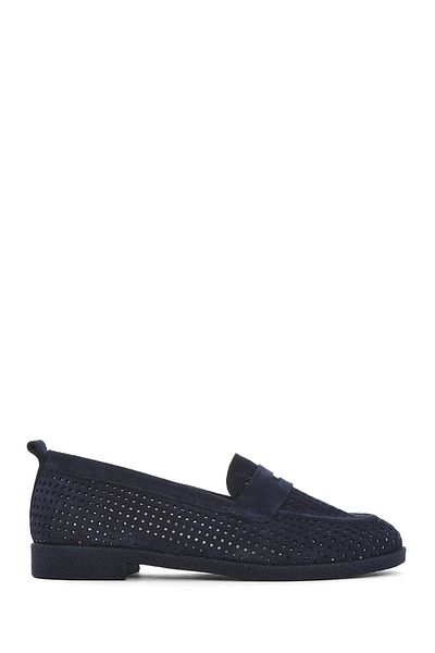 Derimod Women's Navy Blue Suede Leather Loafer 25Sfd 510410