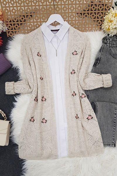 bergibo Openwork Flower Embroidered Long Cardigan - Openwork Knitted Cardigan