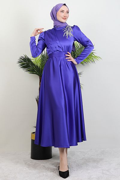 GİZ AGİYİM Purple Satin Evening Dress - Shoulder Stoned