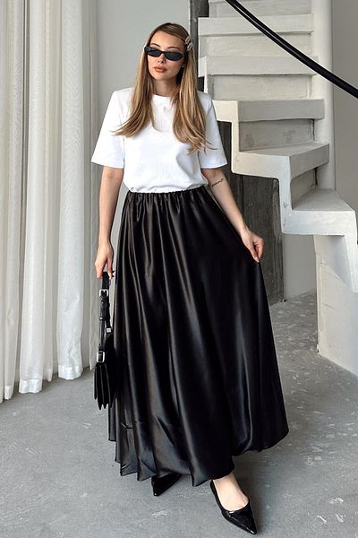 Olcay Elastic Waist Balloon Satin Skirt Black 7058