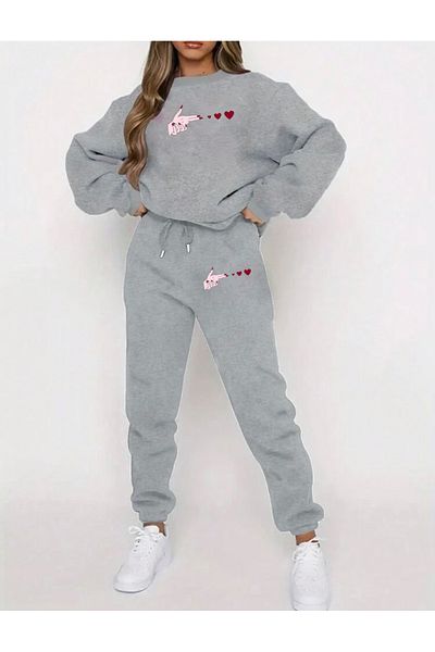 RPT MODA Oversized Three Heart Print Detail Cycling Collar Double Team Tracksuit