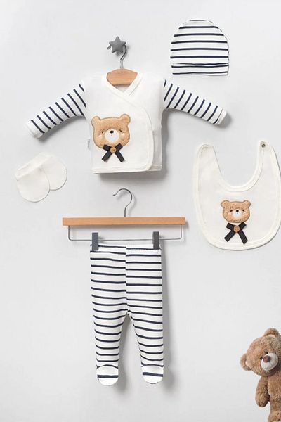 Hilda Bebe Cute Teddy Bear Embroidered Male Newborn Hospital Release Set of 5 Boxed Bodysuits