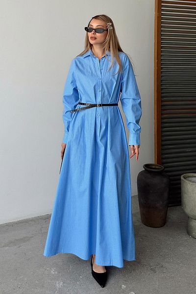 Olcay Loose Poplin Dress with Button Detail on the Sides A. Blue-White 9316-E